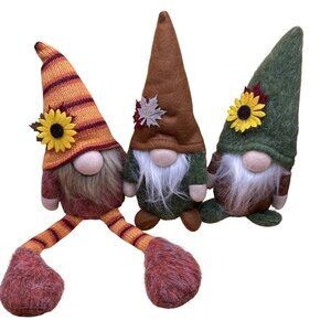 Set Of 3 Handmade Felt Gnome Decorations With Sunflower & Maple Leaf Accents